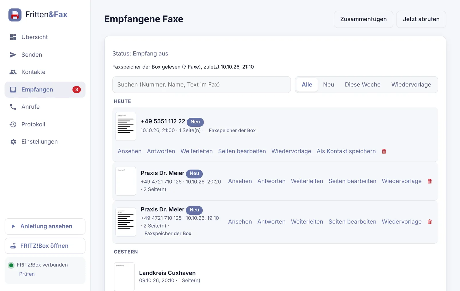 Empfangene Faxe mit Suche, Ansehen und Weiterleiten