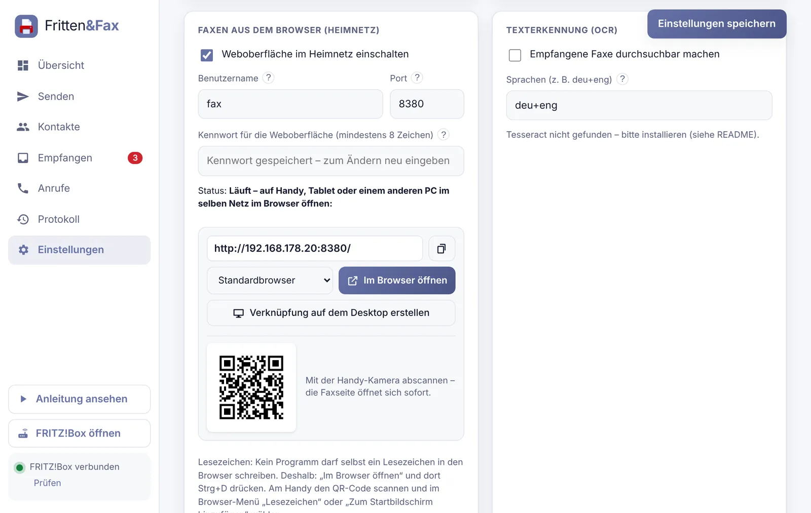 Einstellungen: Faxen aus dem Browser mit Adresse, Kopieren, Browser öffnen, Desktop-Verknüpfung und QR-Code